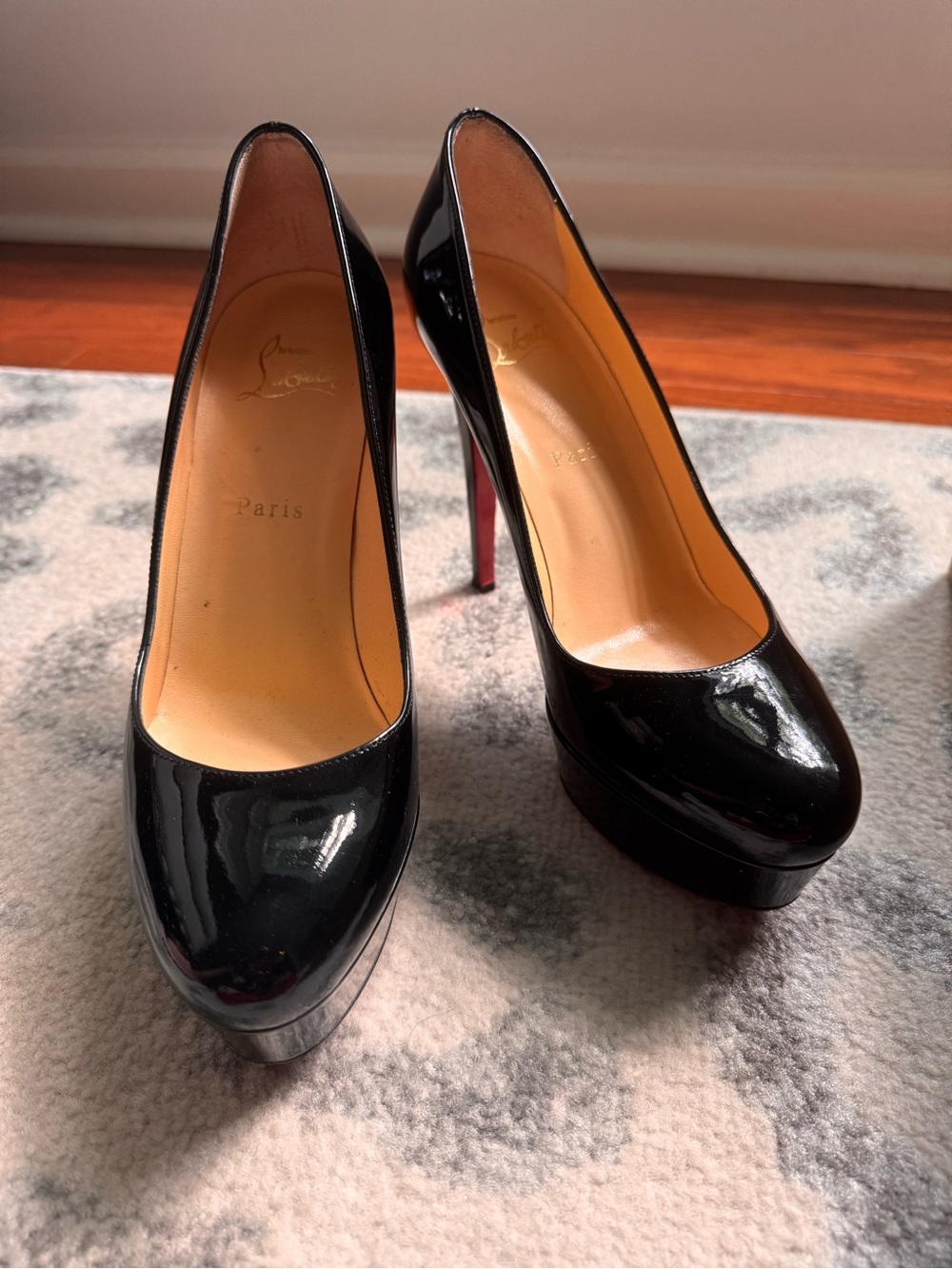 Bianca Christian Louboutin Black Patent Platform Pumps with Red Sole